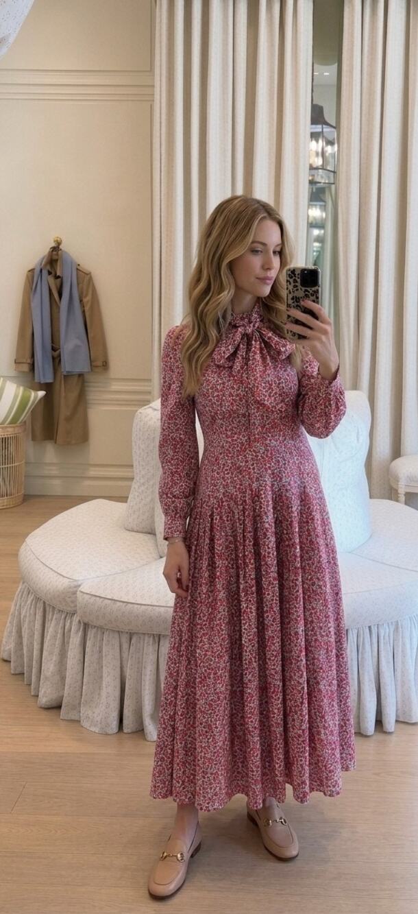NWT Courtney Dress Liberty Fabric Floral Tie Neck Long Sleeve Maxi Dress Medium